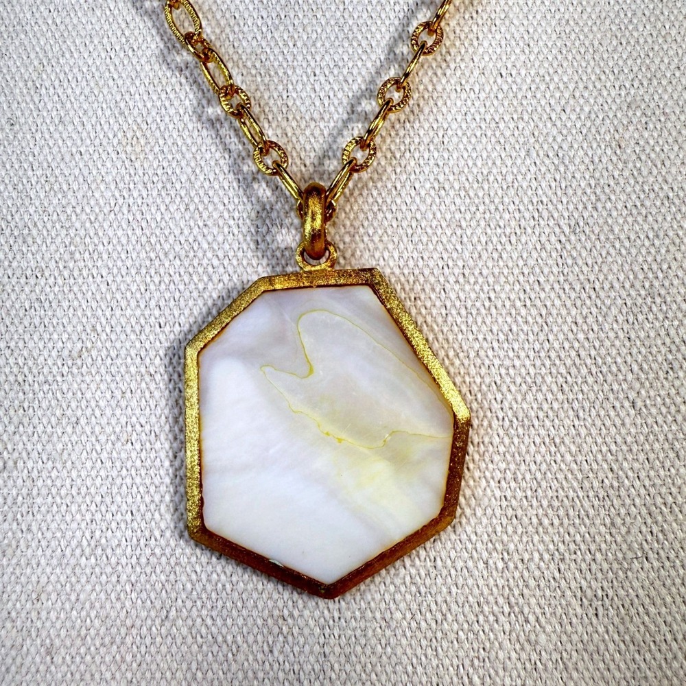 Rivka Friedman Gold Tone Geometric Marbled Pendant Necklace Textured Chain